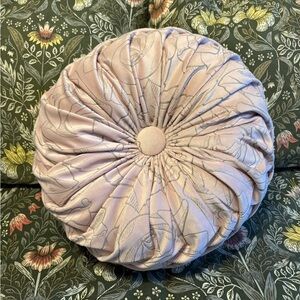 Hand Crafted Round Pleated Accent Pillow in Light Pink and Cream